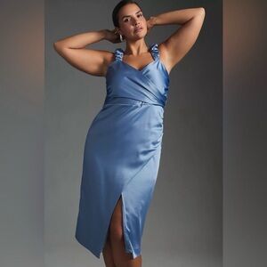 EUC Anthropologie faux wrap satin midi dress wedding guest